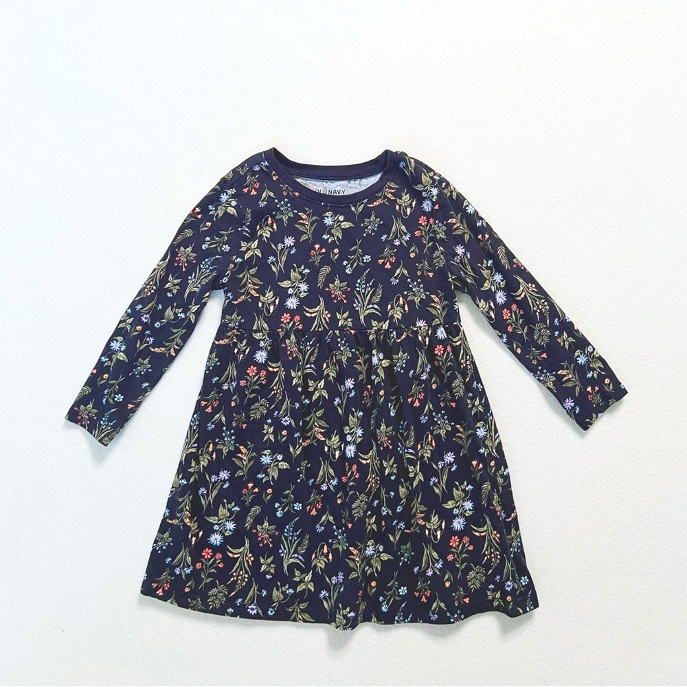 Old Navy Toddler Fit & Flare Jersey Dress Navy Floral Cotton Long Sleeve Cute 2T